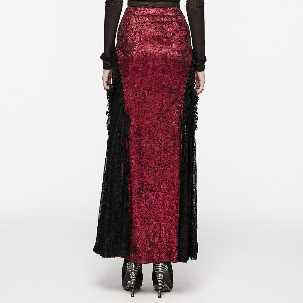 WQ-706BQF Lace Embellished black Maxi Gothic Skirt with Ruffled Sides?-??Punk Rave Clothing