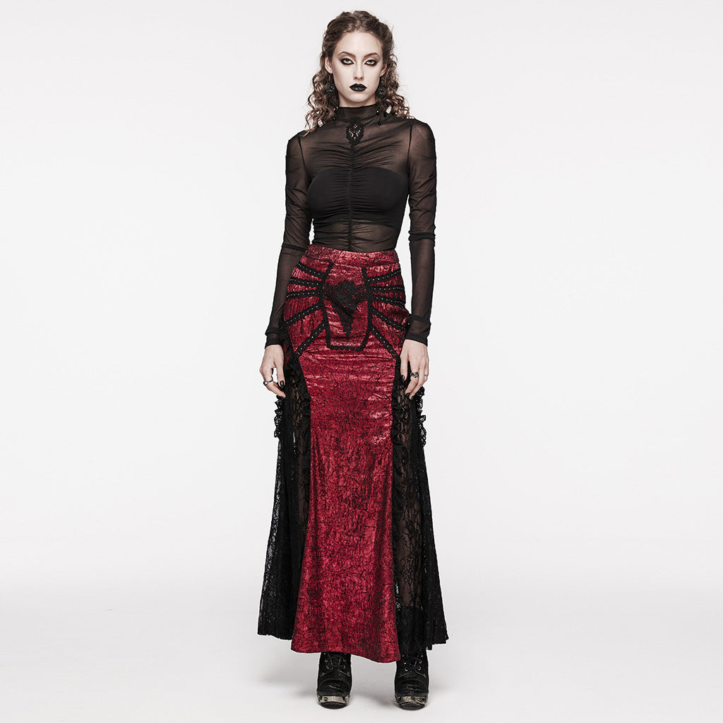 WQ-706BQF Lace Embellished black Maxi Gothic Skirt with Ruffled Sides?-??Punk Rave Clothing