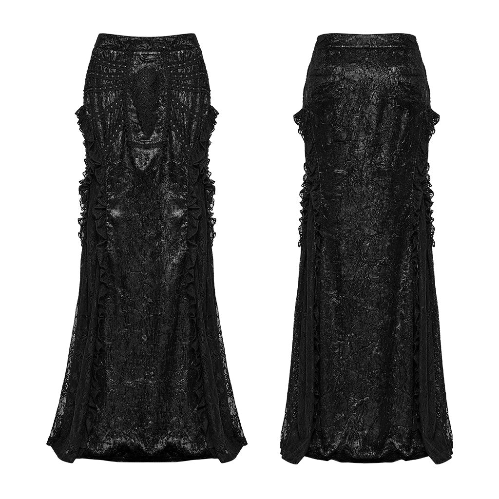 WQ-706BQF Lace Embellished black Maxi Gothic Skirt with Ruffled Sides?-??Punk Rave Clothing