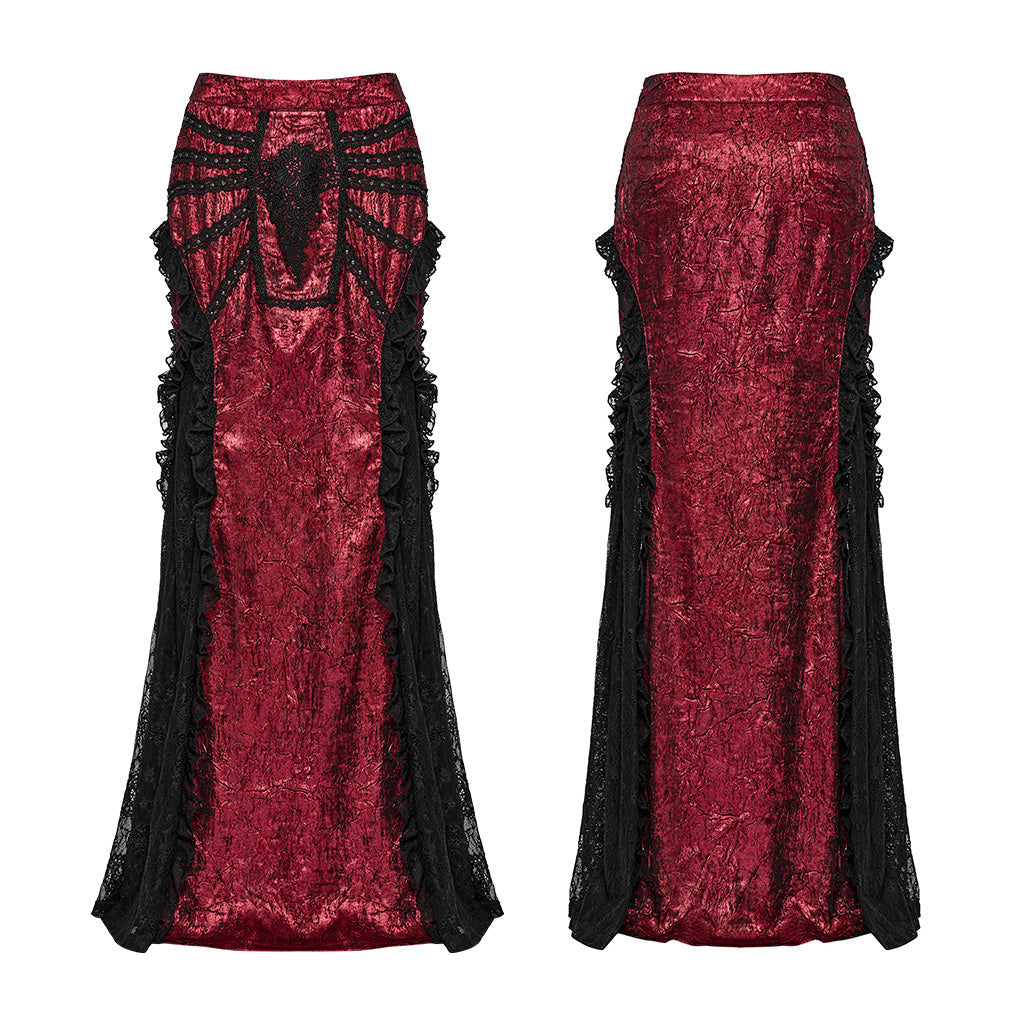 WQ-706BQF Lace Embellished black Maxi Gothic Skirt with Ruffled Sides?-??Punk Rave Clothing