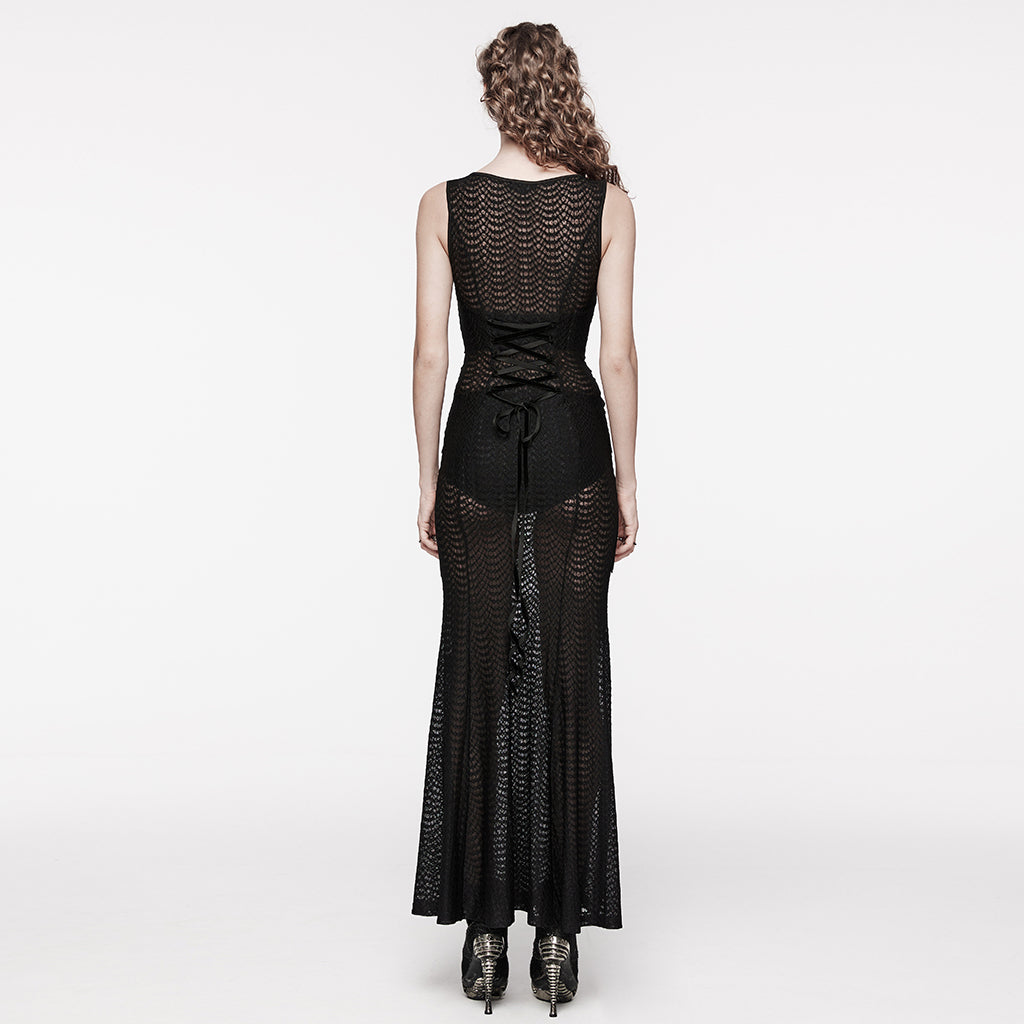 WQ-710LQF Sheer Lace Gothic Maxi Dress With Flared Hem Design?-??Punk Rave Clothing