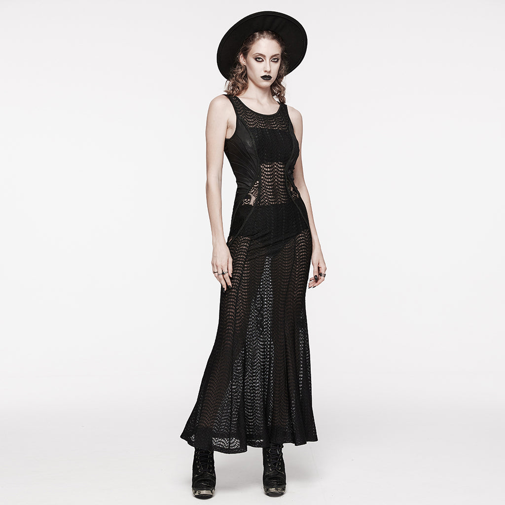 WQ-710LQF Sheer Lace Gothic Maxi Dress With Flared Hem Design?-??Punk Rave Clothing