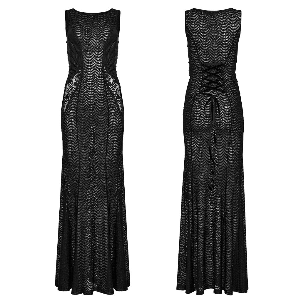 WQ-710LQF Sheer Lace Gothic Maxi Dress With Flared Hem Design?-??Punk Rave Clothing