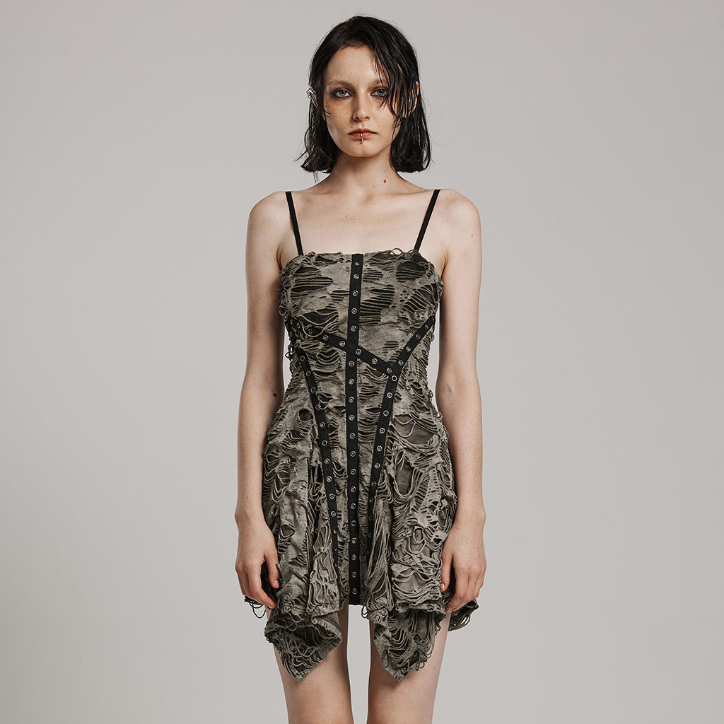 WQ-712LQF Vintage black Ruched Asymmetrical Punk Dress with Eyelet Details?-??Punk Rave Clothing
