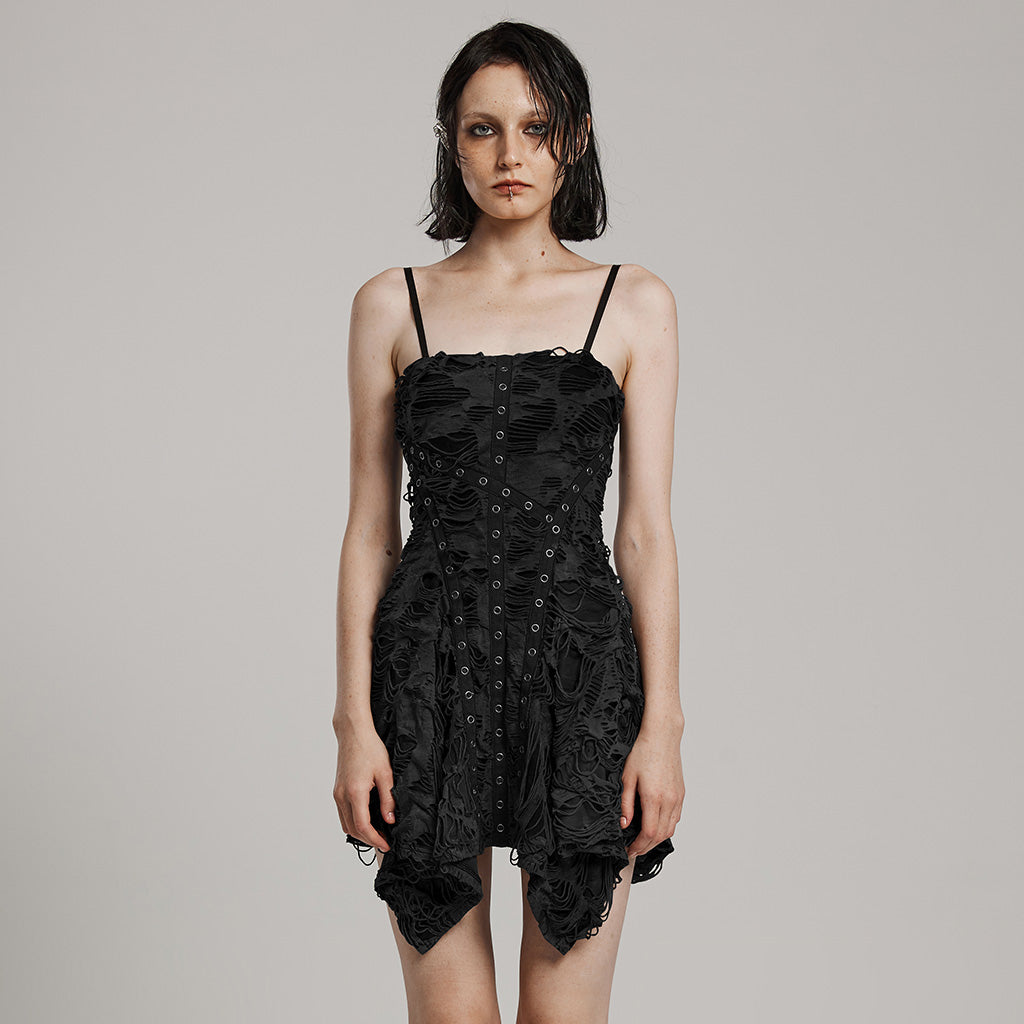 WQ-712LQF Vintage black Ruched Asymmetrical Punk Dress with Eyelet Details?-??Punk Rave Clothing