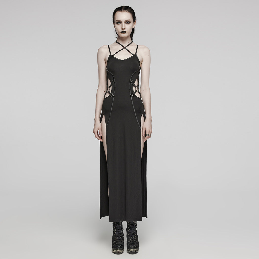 WQ-714LQF Gothic Strappy Lace-Up Punk Dress with Side Slits?-??Punk Rave Clothing