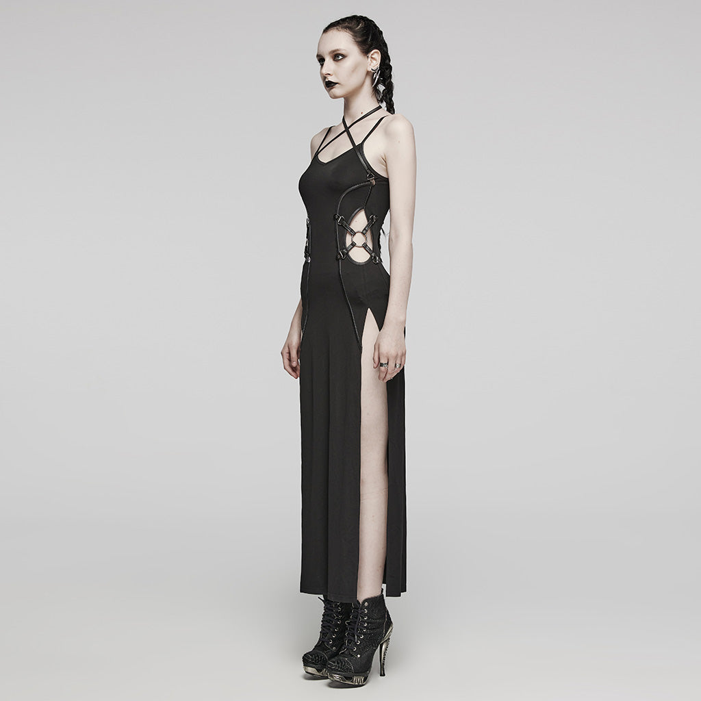 WQ-701BQF Gothic Strappy Lace-Up black Maxi Punk Dress