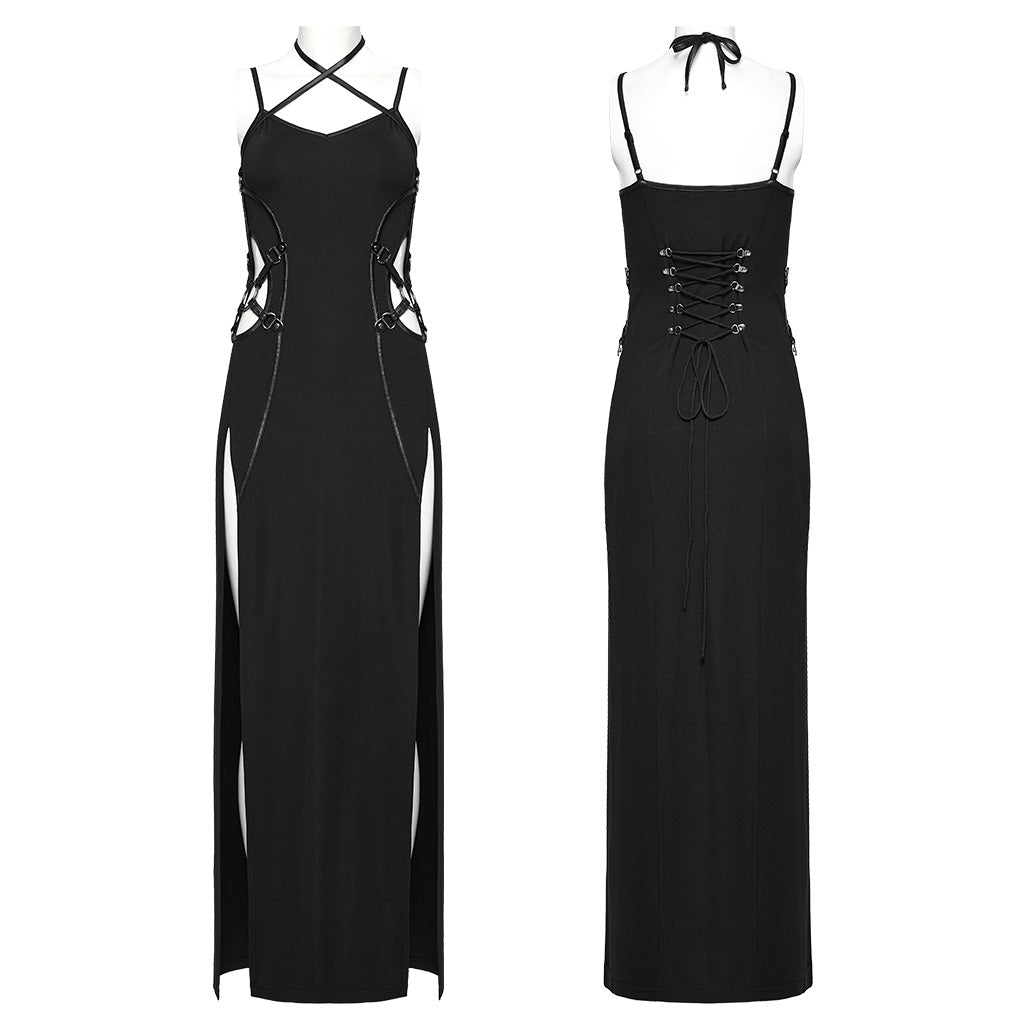 WQ-714LQF Gothic Strappy Lace-Up Punk Dress with Side Slits?-??Punk Rave Clothing