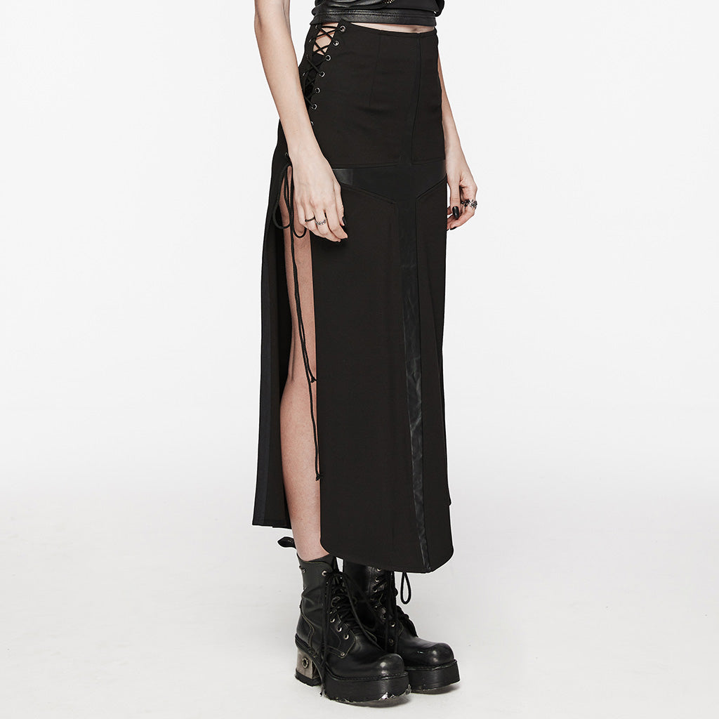 WQ-716BQF Edgy Cross-Detail Long Punk Skirt with Side Drawstrings