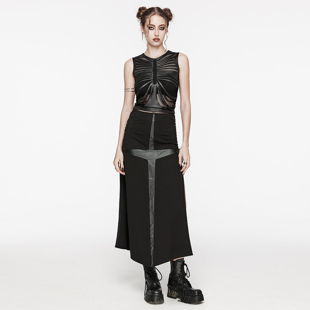 WQ-716BQF Edgy Cross-Detail Long Punk Skirt with Side Drawstrings?-??Punk Rave Clothing