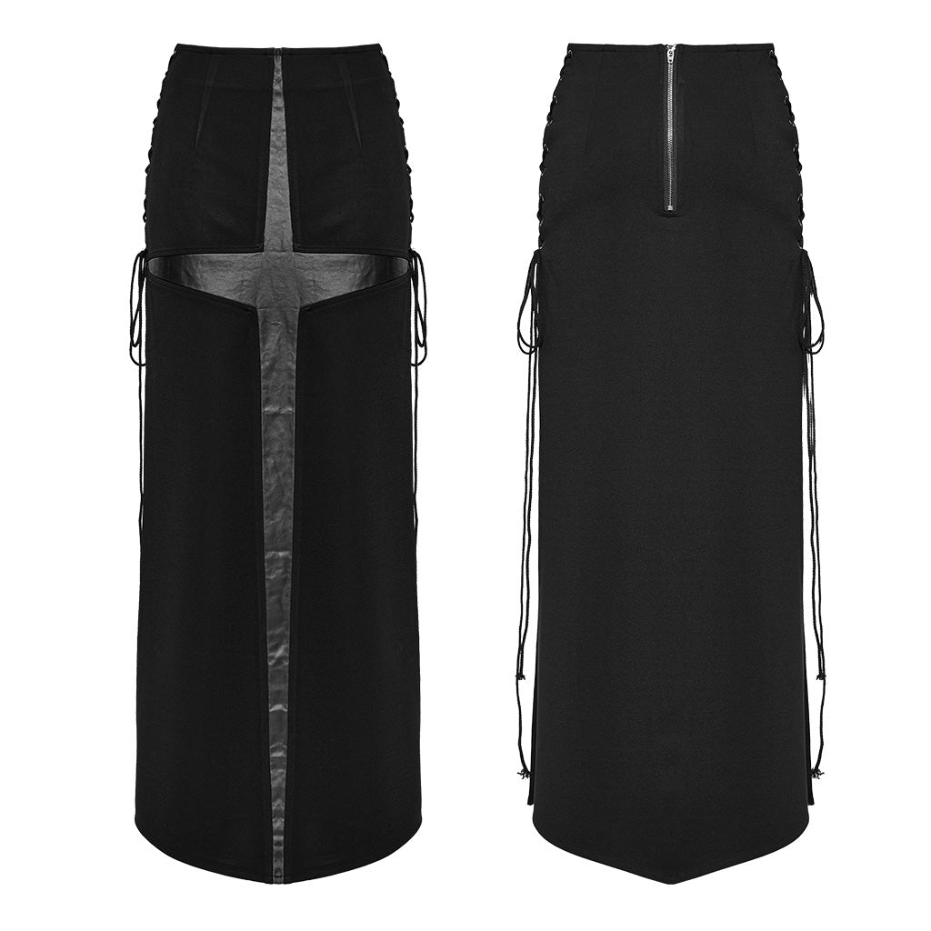 WQ-716BQF Edgy Cross-Detail Long Punk Skirt with Side Drawstrings?-??Punk Rave Clothing