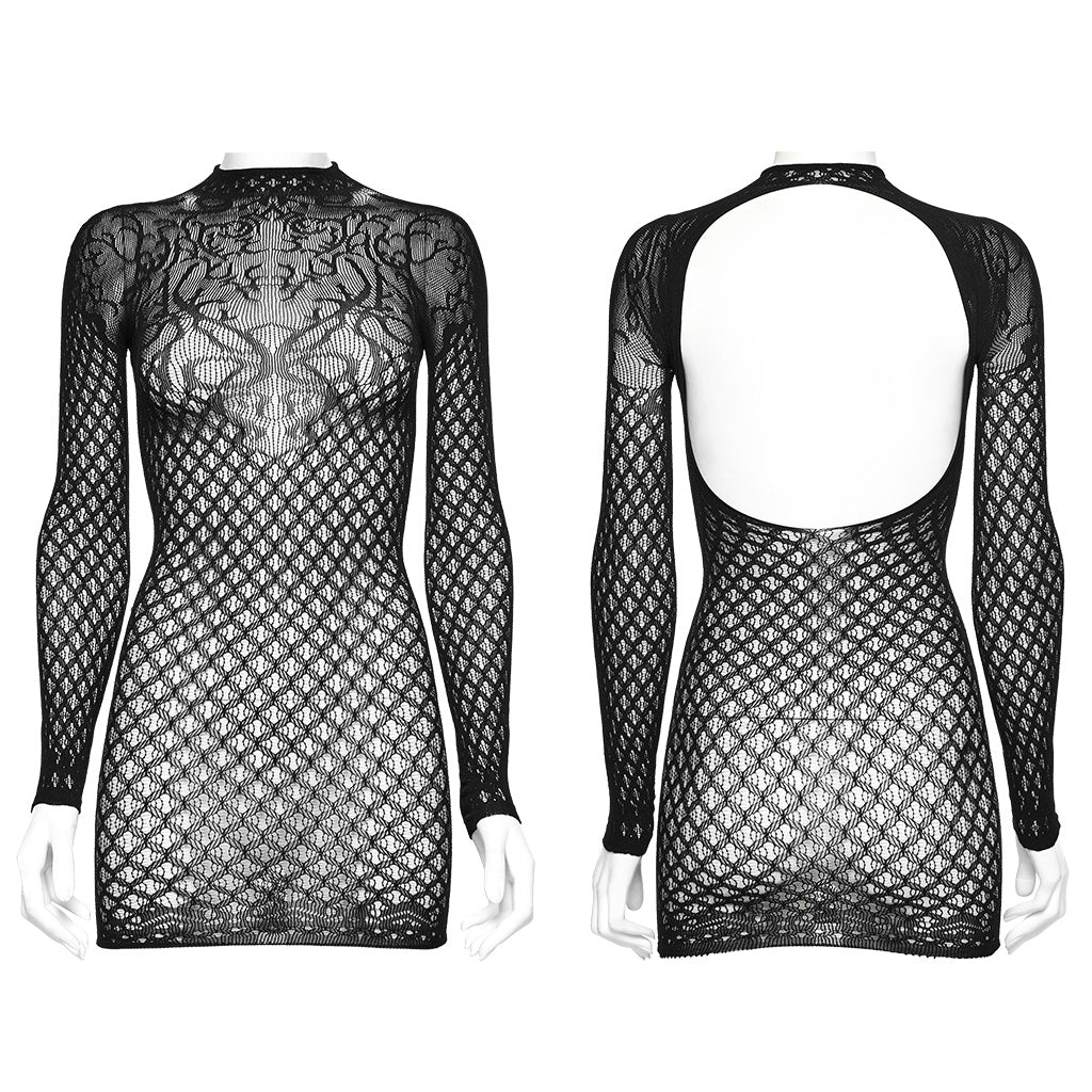 WQ-717LQF Black Mesh Gothic Dress Long Sleeve High Neck Lace Design?-??Punk Rave Clothing