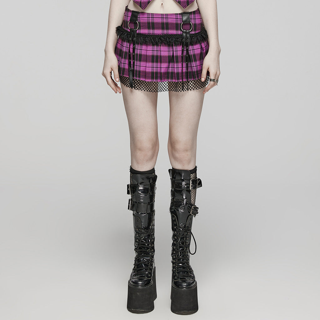 WQ-719BQF Plaid Punk Skirt with Studded Faux Leather and Mesh Trim