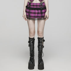 WQ-719BQF Plaid Punk Skirt with Studded Faux Leather and Mesh Trim