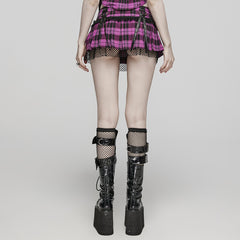 WQ-719BQF Plaid Punk Skirt with Studded Faux Leather and Mesh Trim