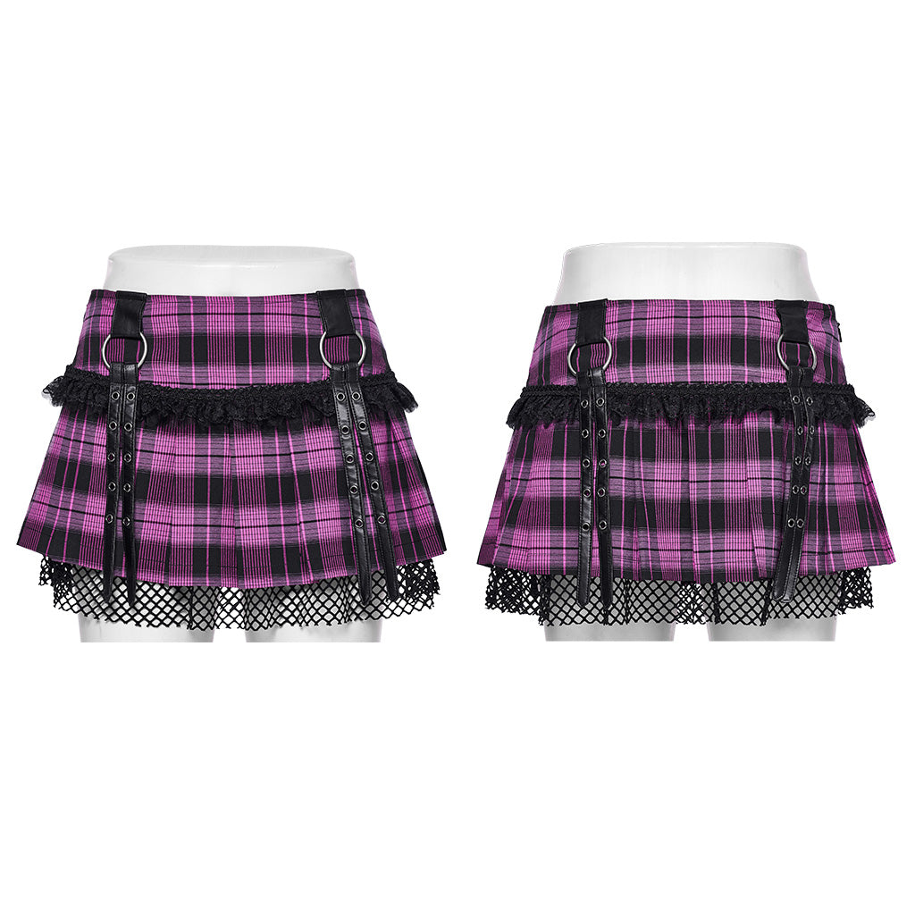 WQ-719BQF Plaid Punk Skirt with Studded Faux Leather and Mesh Trim