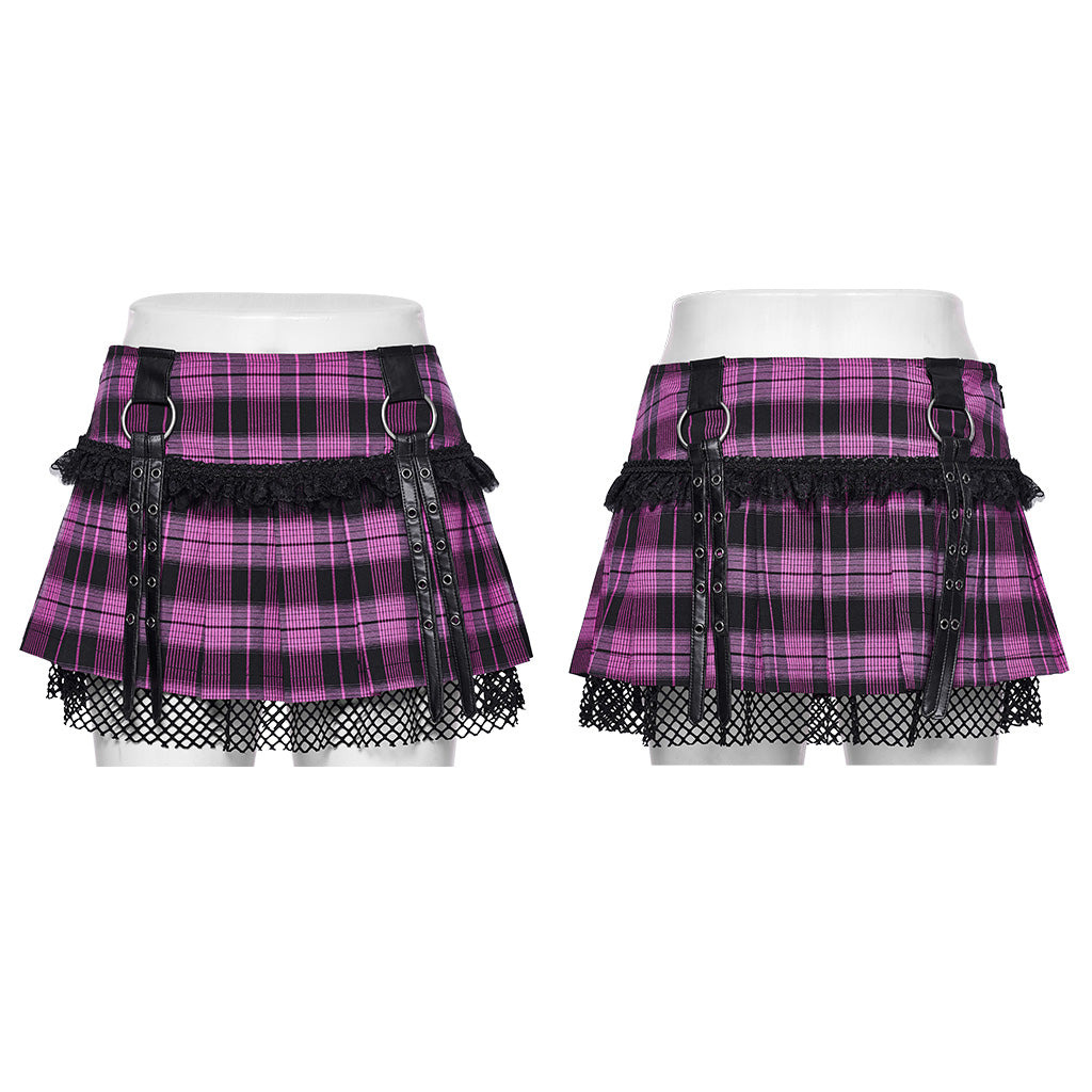 WQ-719BQF Plaid Punk Skirt with Studded Faux Leather and Mesh Trim?-??Punk Rave Clothing