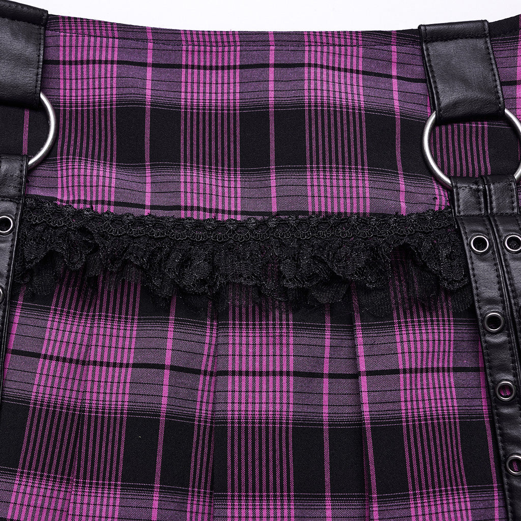 WQ-719BQF Plaid Punk Skirt with Studded Faux Leather and Mesh Trim