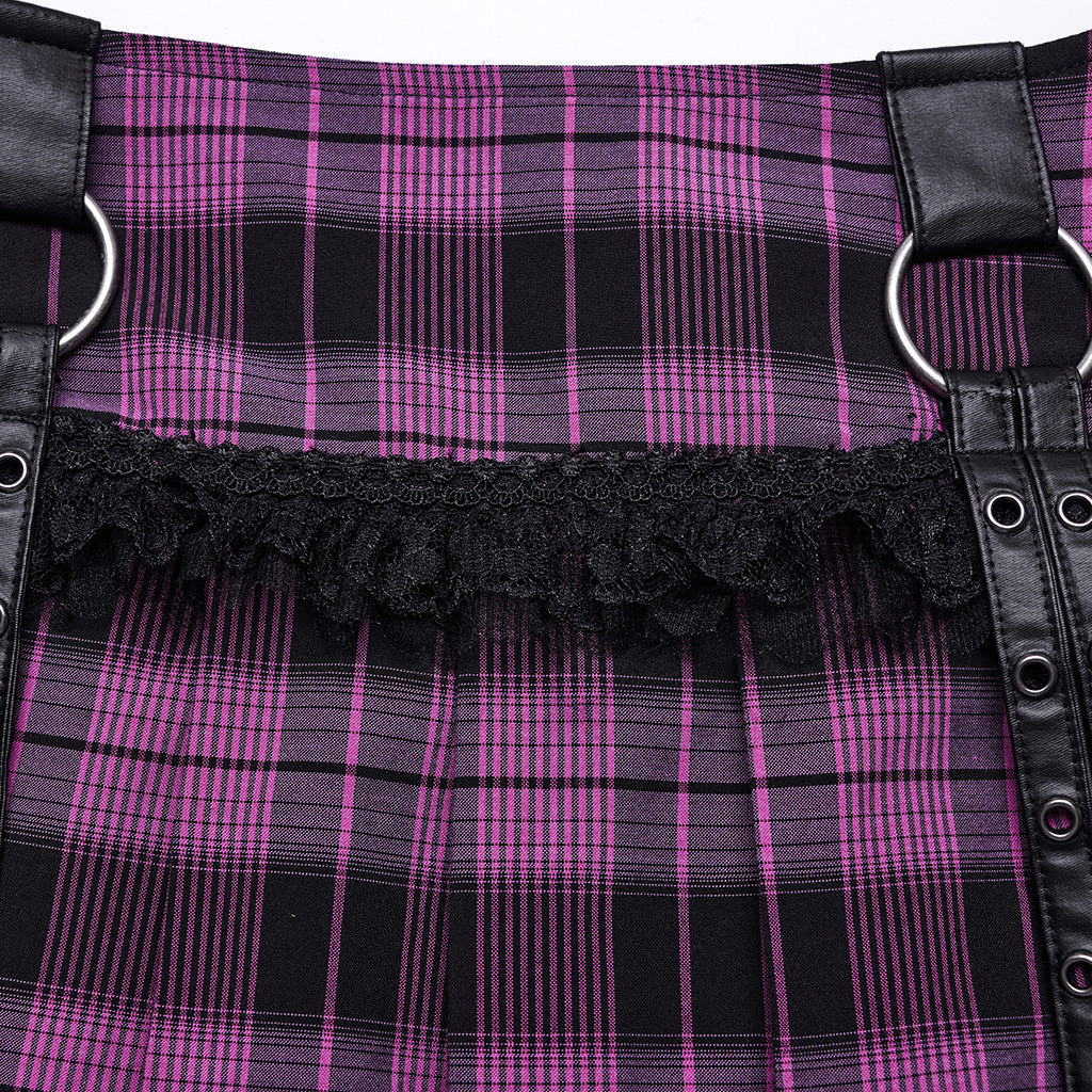 WQ-719BQF Plaid Punk Skirt with Studded Faux Leather and Mesh Trim?-??Punk Rave Clothing