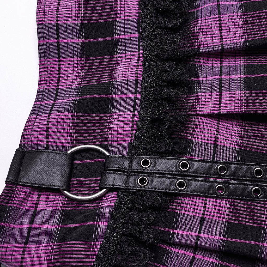 WQ-719BQF Plaid Punk Skirt with Studded Faux Leather and Mesh Trim?-??Punk Rave Clothing