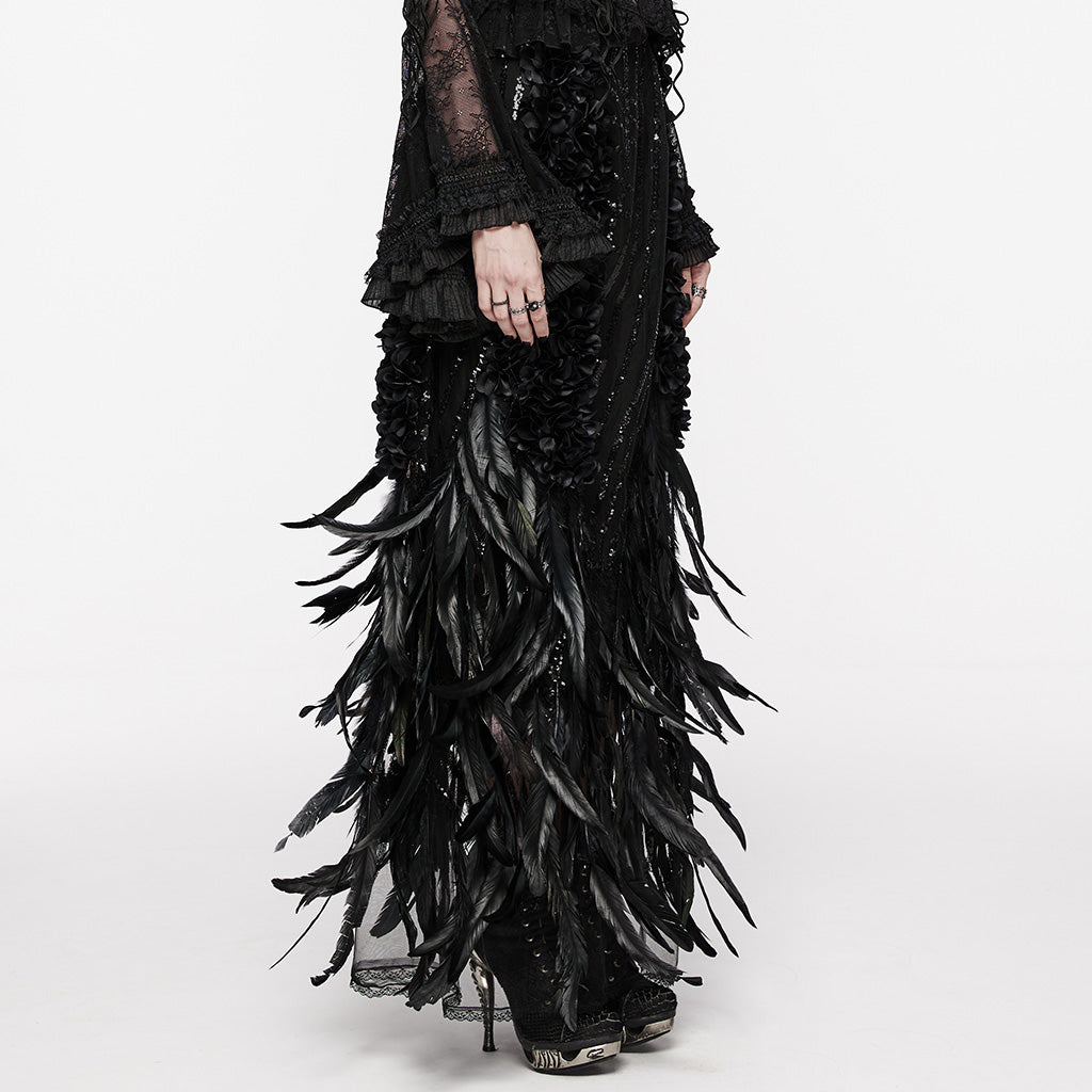 WQ-720BQF Elegant Feathered Gothic Dress with Lace Bell Sleeves?-??Punk Rave Clothing