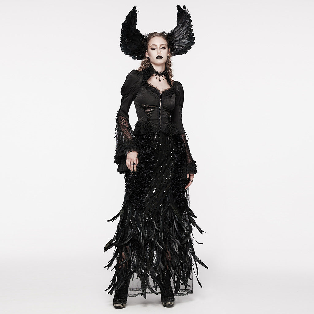 WQ-720BQF Elegant Feathered Gothic Dress with Lace Bell Sleeves?-??Punk Rave Clothing