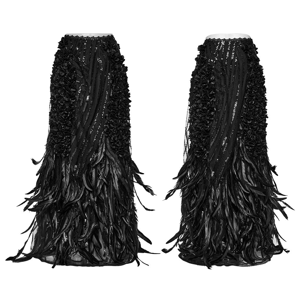 WQ-720BQF Elegant Feathered Gothic Dress with Lace Bell Sleeves?-??Punk Rave Clothing