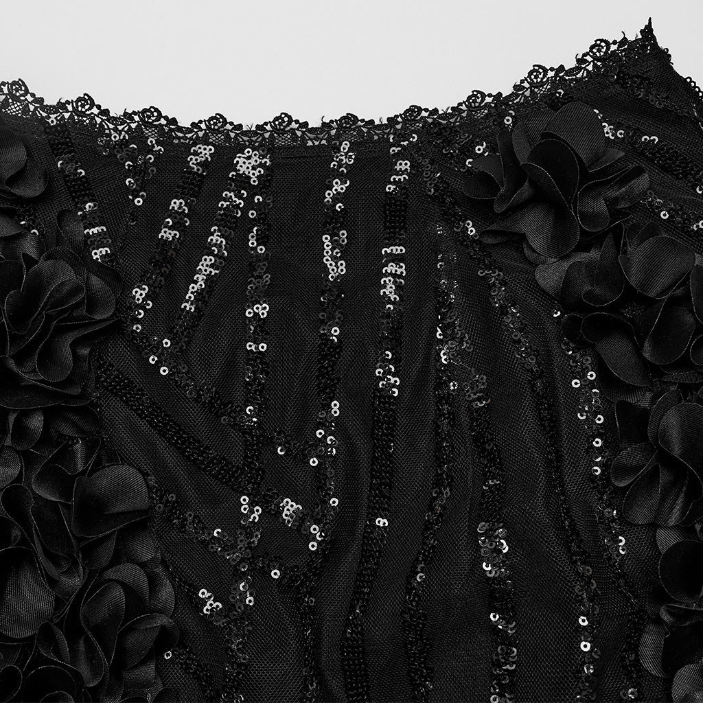 WQ-720BQF Elegant Feathered Gothic Dress with Lace Bell Sleeves?-??Punk Rave Clothing