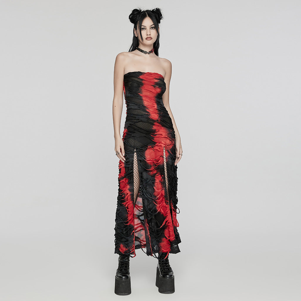 WQ-726LQF Gothic Strapless Long Dress Ruched black-red Mesh Design