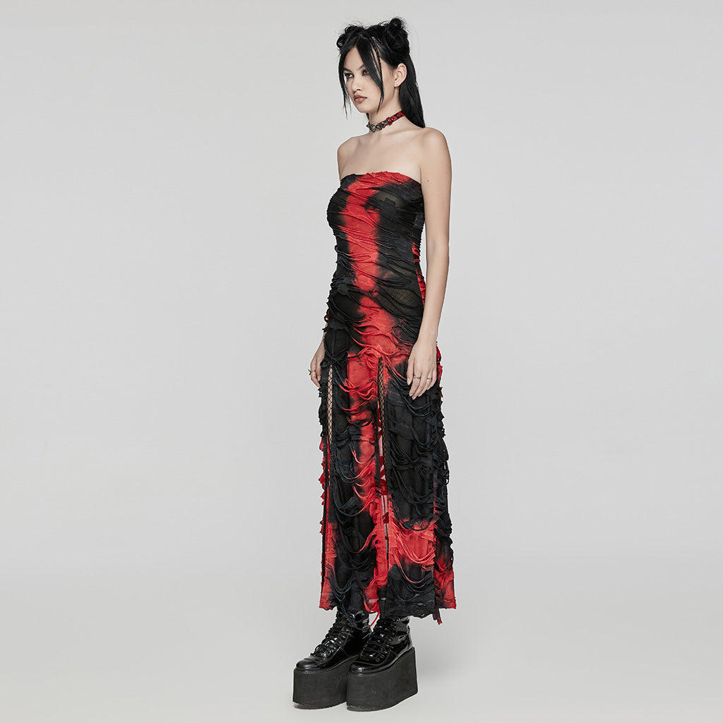 WQ-726LQF Gothic Strapless Long Dress Ruched black-red Mesh Design