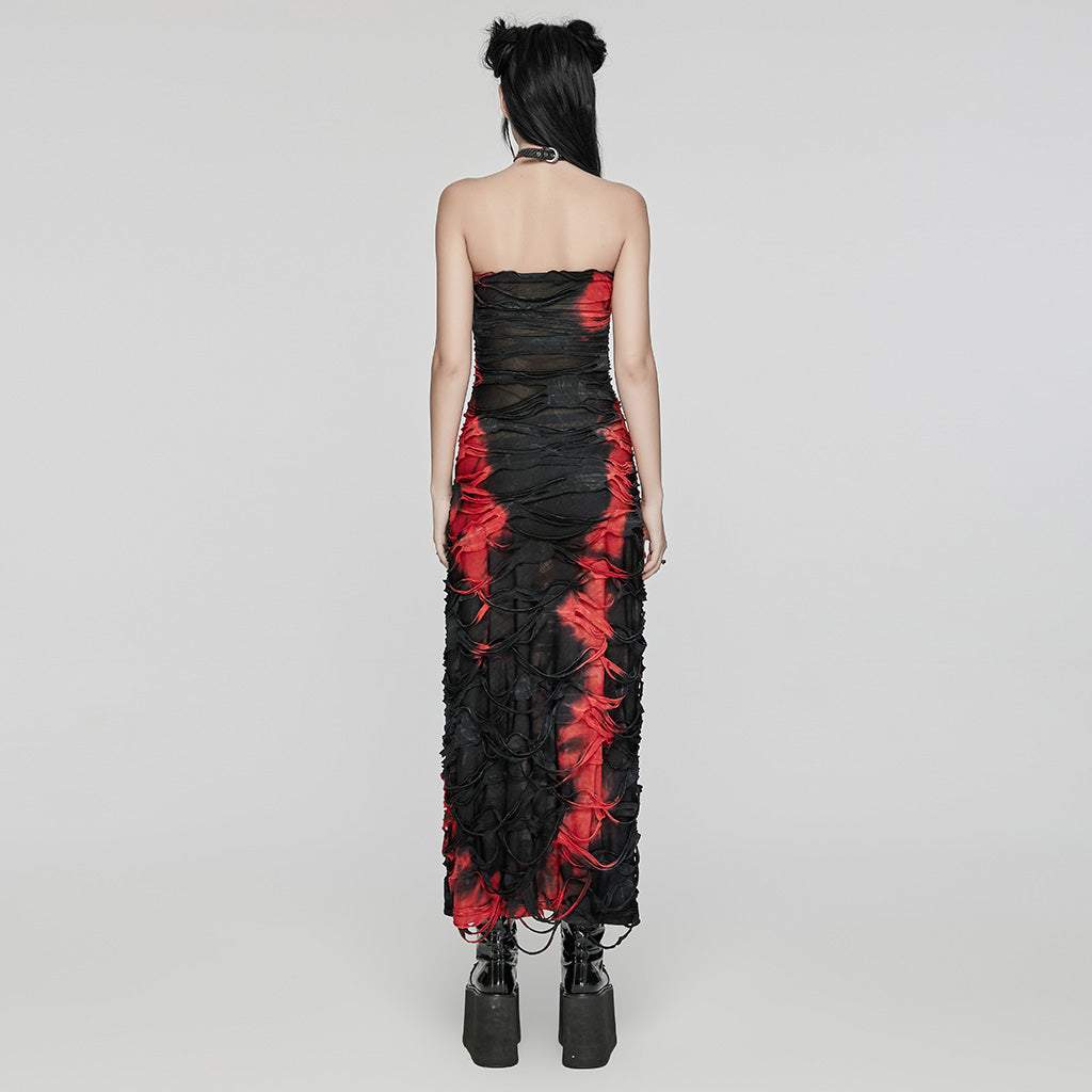 WQ-726LQF Gothic Strapless Long Dress Ruched black-red Mesh Design