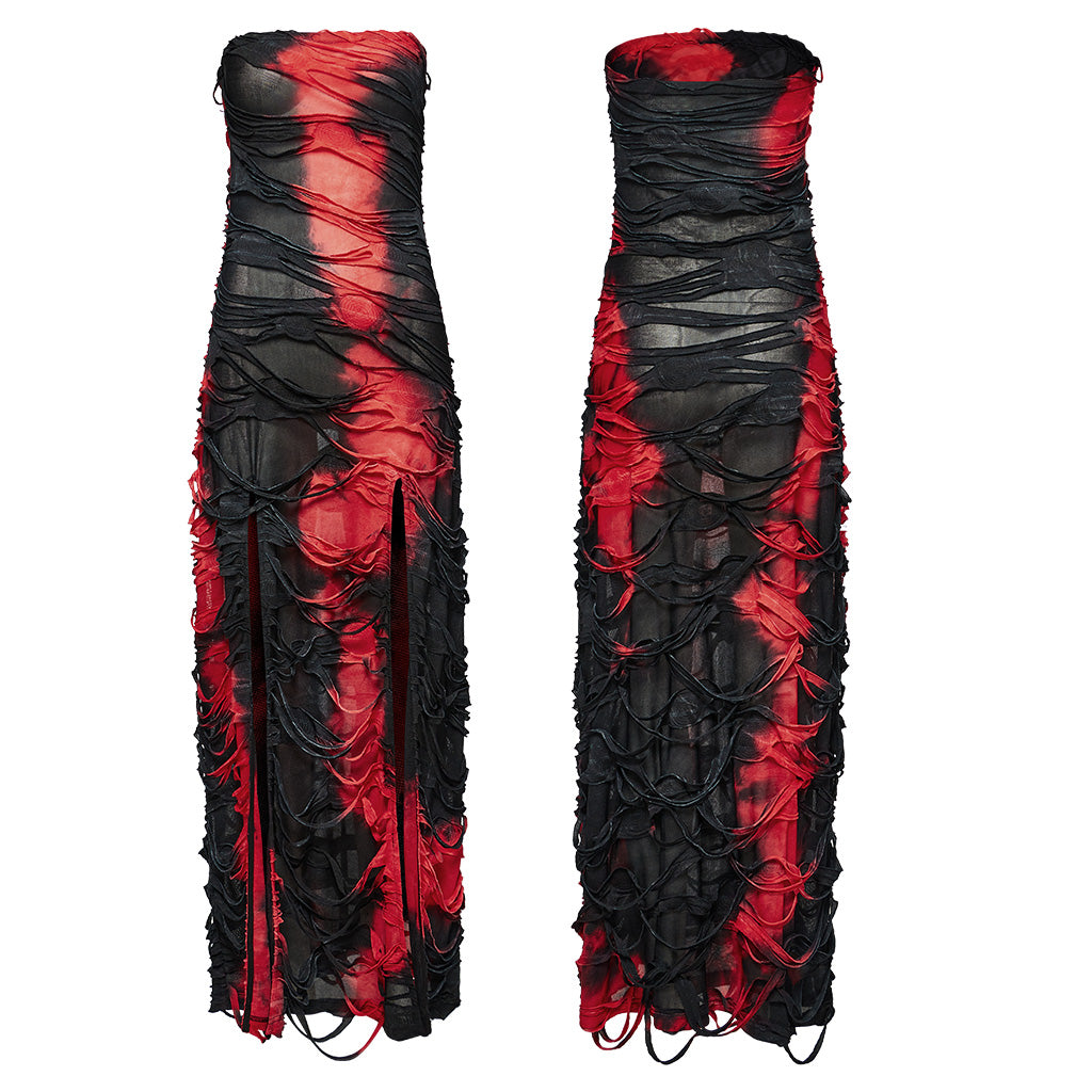 WQ-726LQF Gothic Strapless Long Dress Ruched black-red Mesh Design