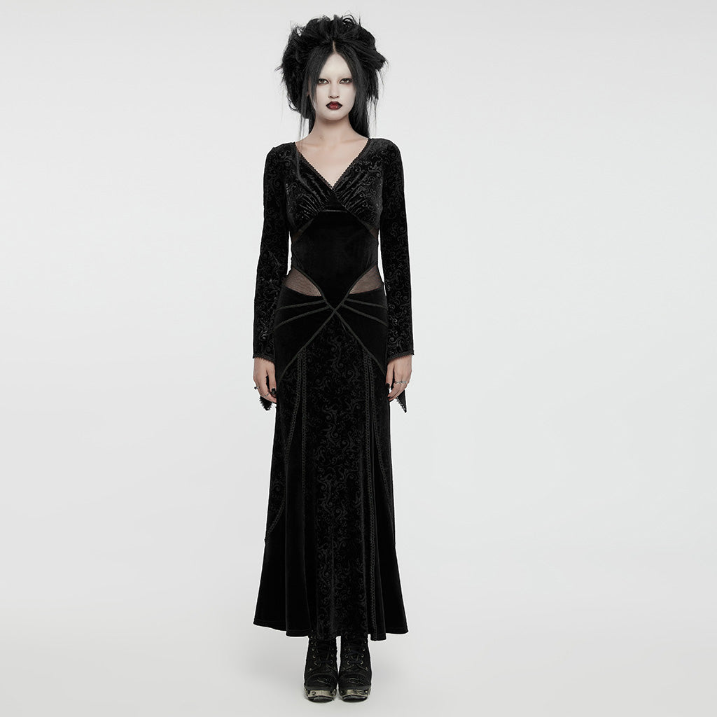WQ-741LQF Gothic Velvet V-Neck Lace-Up Maxi Dress?-??Punk Rave Clothing