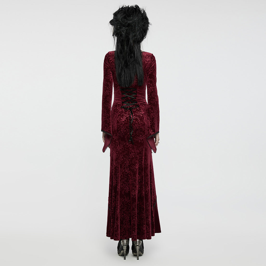 WQ-741LQF Gothic Velvet V-Neck Lace-Up Maxi Dress?-??Punk Rave Clothing