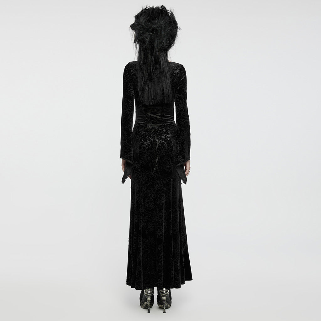 WQ-741LQF Gothic Velvet V-Neck Lace-Up Maxi Dress?-??Punk Rave Clothing