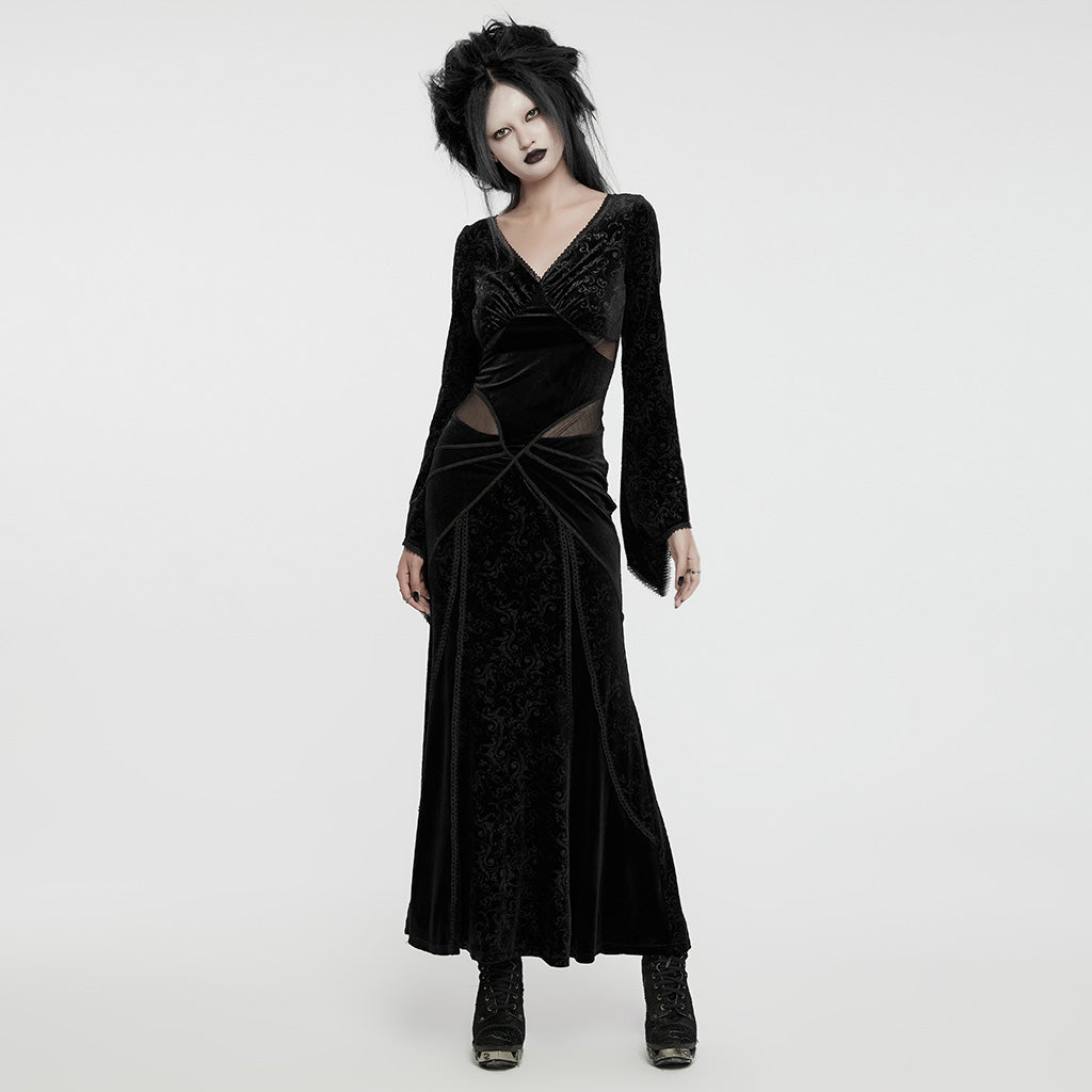 WQ-741LQF Gothic Velvet V-Neck Lace-Up Maxi Dress?-??Punk Rave Clothing