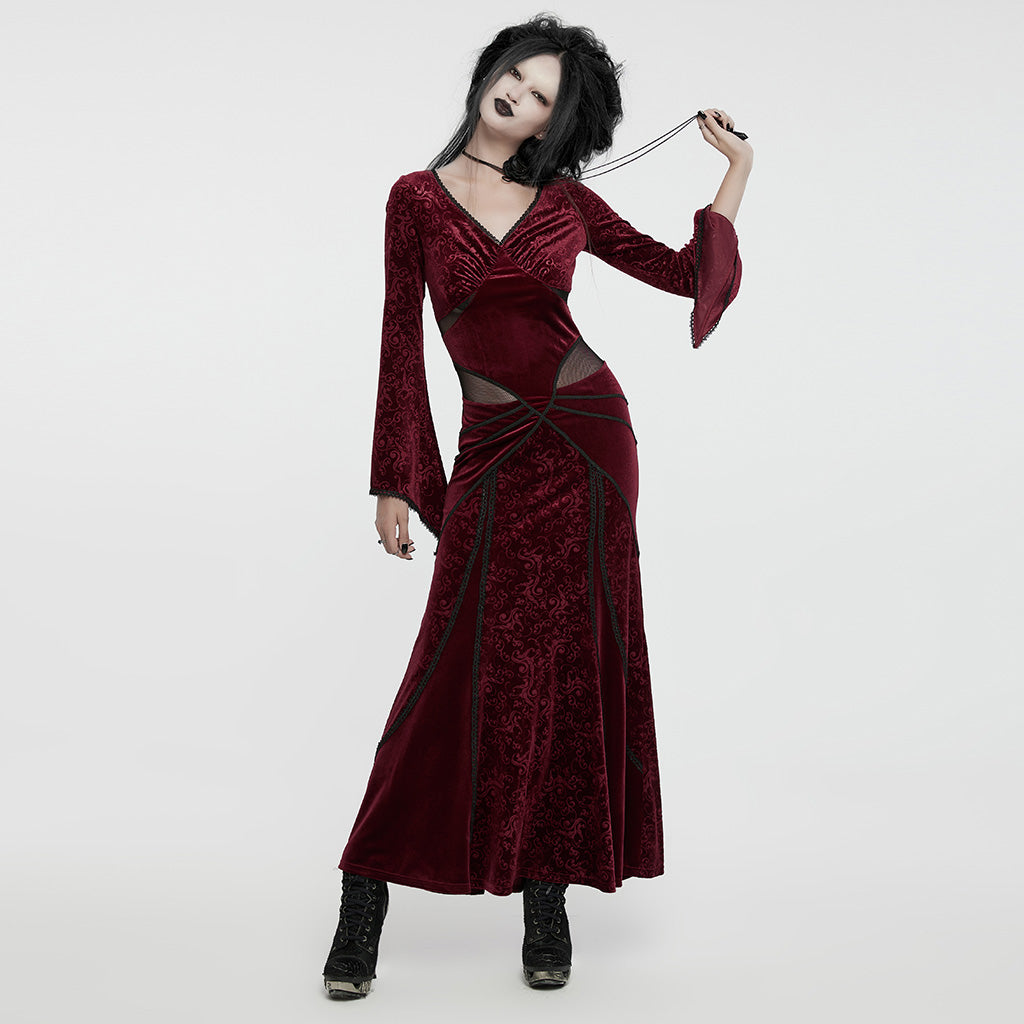 WQ-741LQF Gothic Velvet V-Neck Lace-Up Maxi Dress?-??Punk Rave Clothing