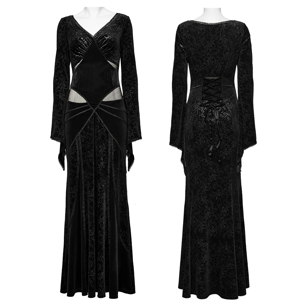 WQ-741LQF Gothic Velvet V-Neck Lace-Up Maxi Dress?-??Punk Rave Clothing