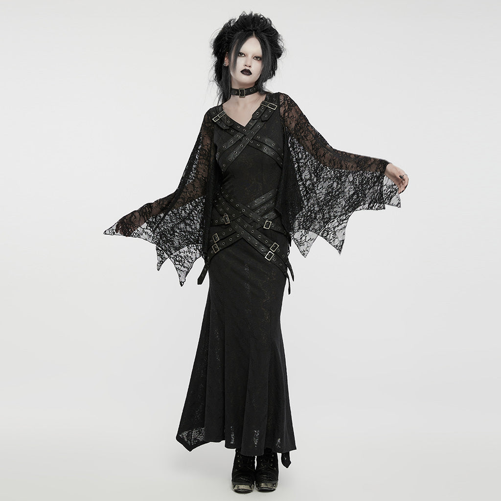 WQ-746LQF Gothic Lace Long Dress with Dramatic Batwing Sleeves?-??Punk Rave Clothing