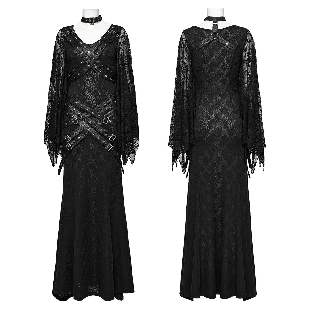 WQ-746LQF Gothic Lace Long Dress with Dramatic Batwing Sleeves?-??Punk Rave Clothing