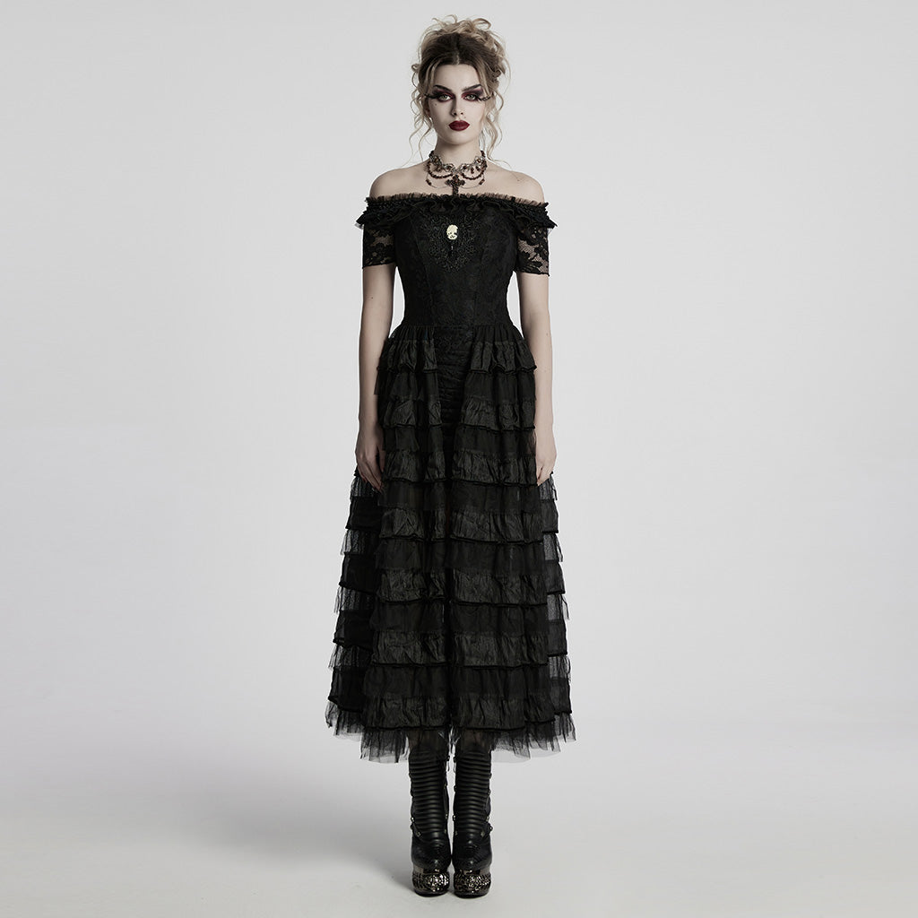 WQ-754LQF Victorian Layered Gothic Dress Off-Shoulder Lace Trimmed Gown