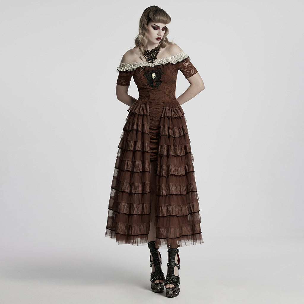 WQ-754LQF Victorian Layered Gothic Dress Off-Shoulder Lace Trimmed Gown