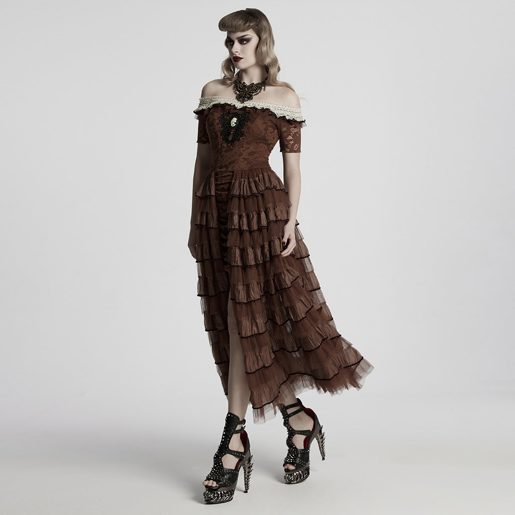 WQ-754LQF Victorian Layered Gothic Dress Off-Shoulder Lace Trimmed Gown