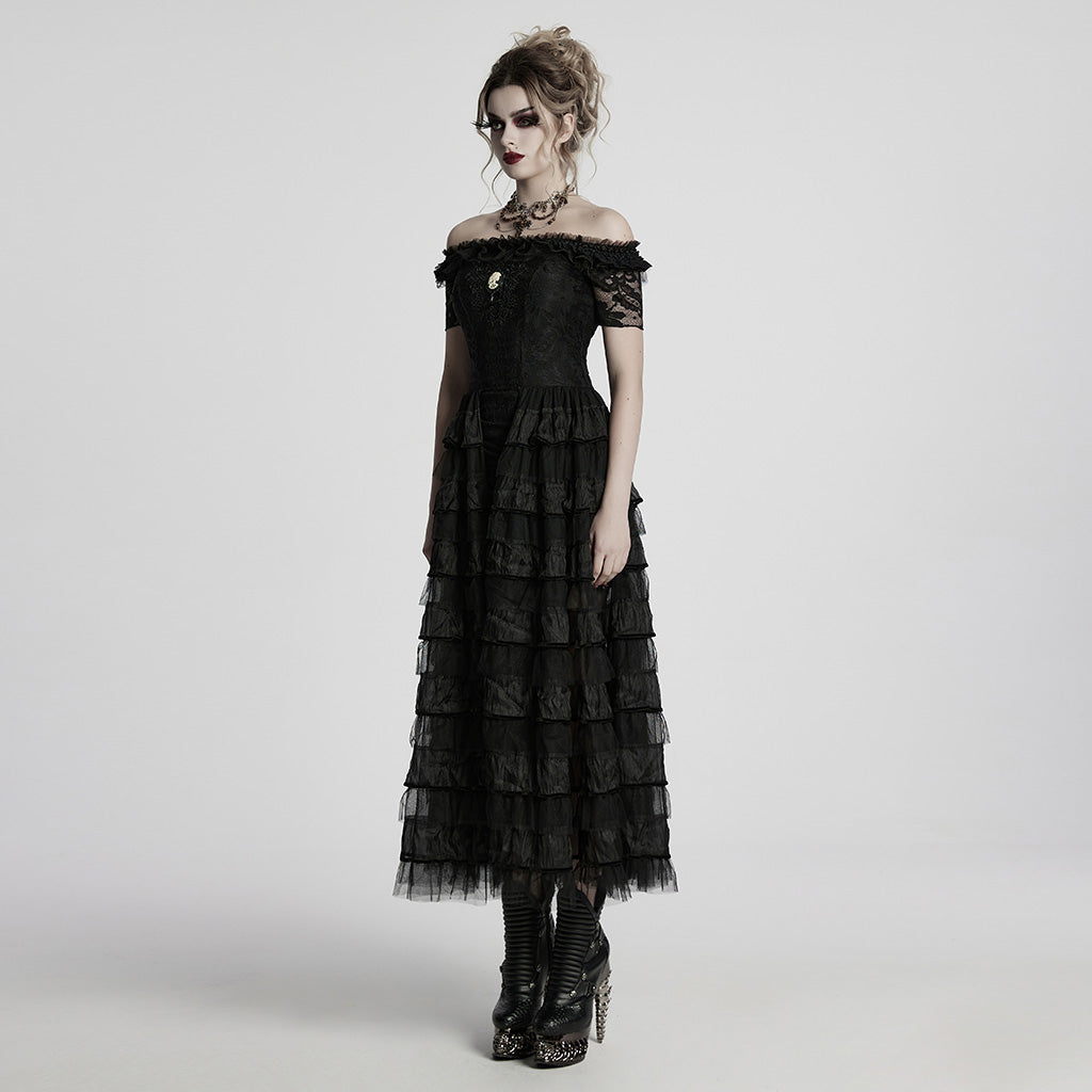 WQ-754LQF Victorian Layered Gothic Dress Off-Shoulder Lace Trimmed Gown