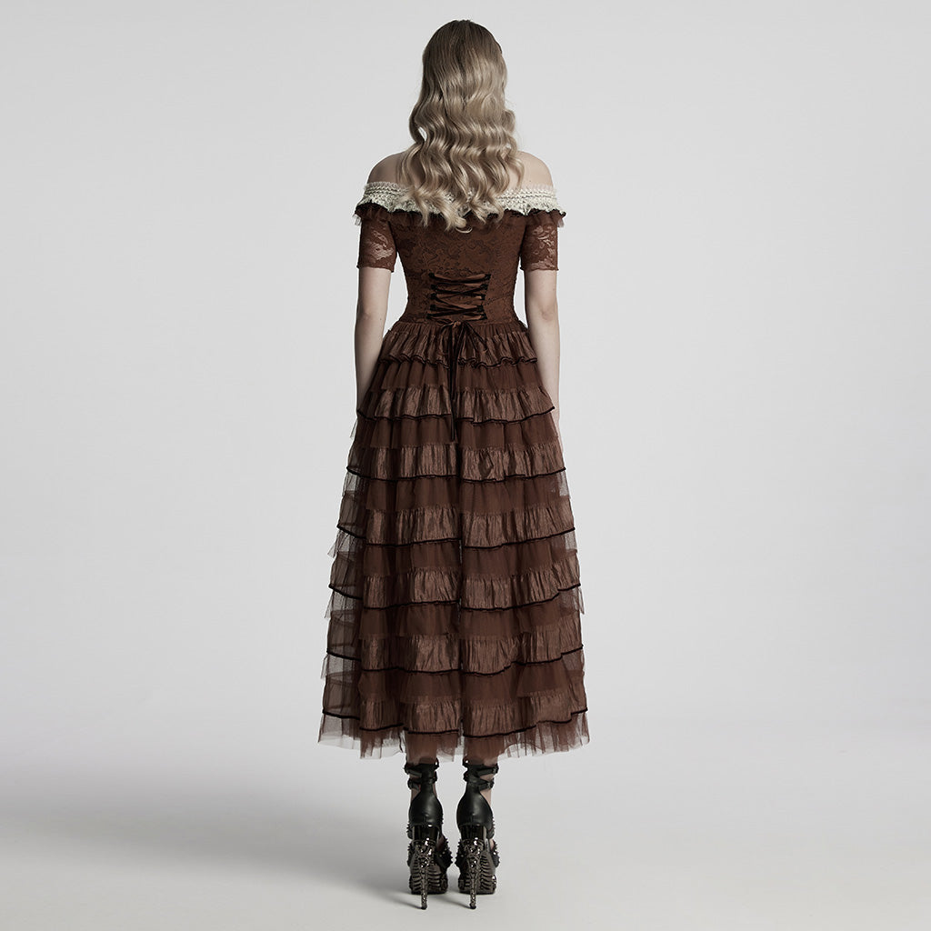 WQ-754LQF Victorian Layered Gothic Dress Off-Shoulder Lace Trimmed Gown