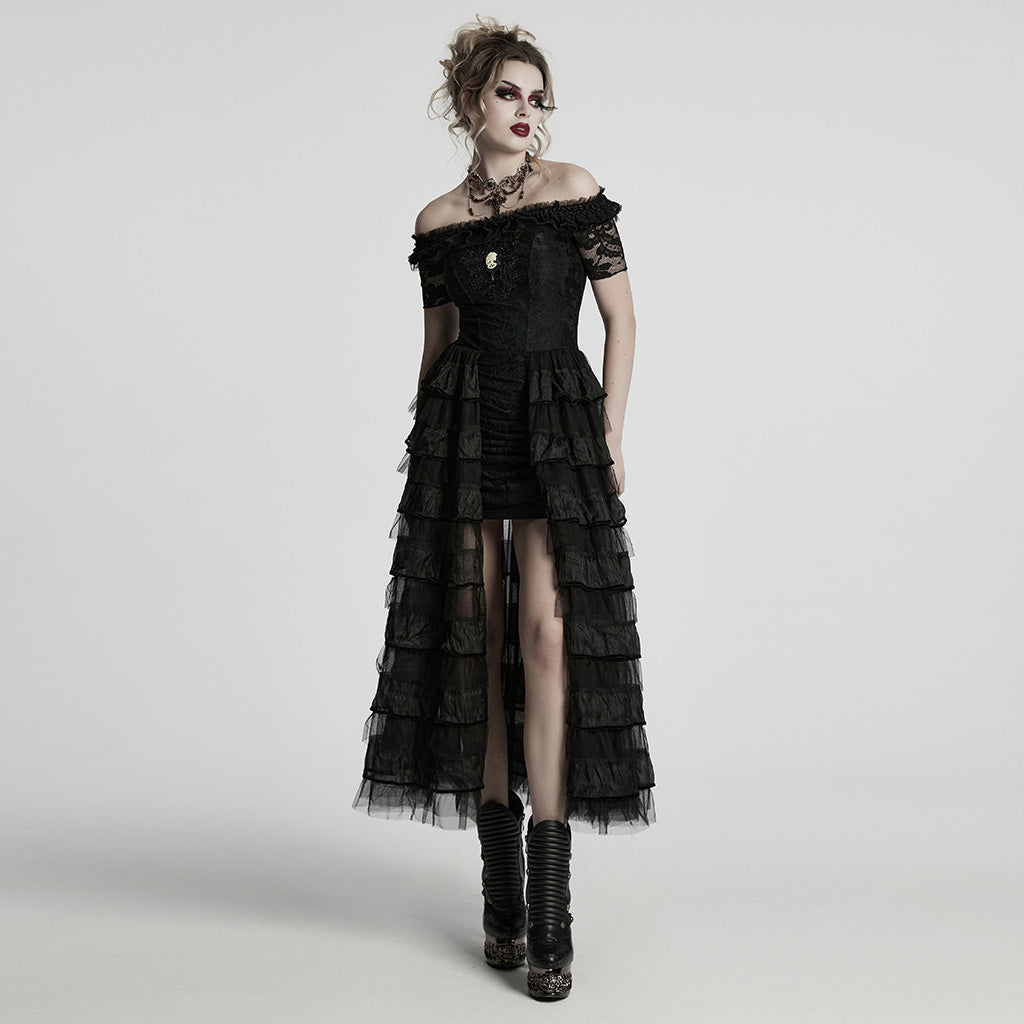 WQ-754LQF Victorian Layered Gothic Dress Off-Shoulder Lace Trimmed Gown