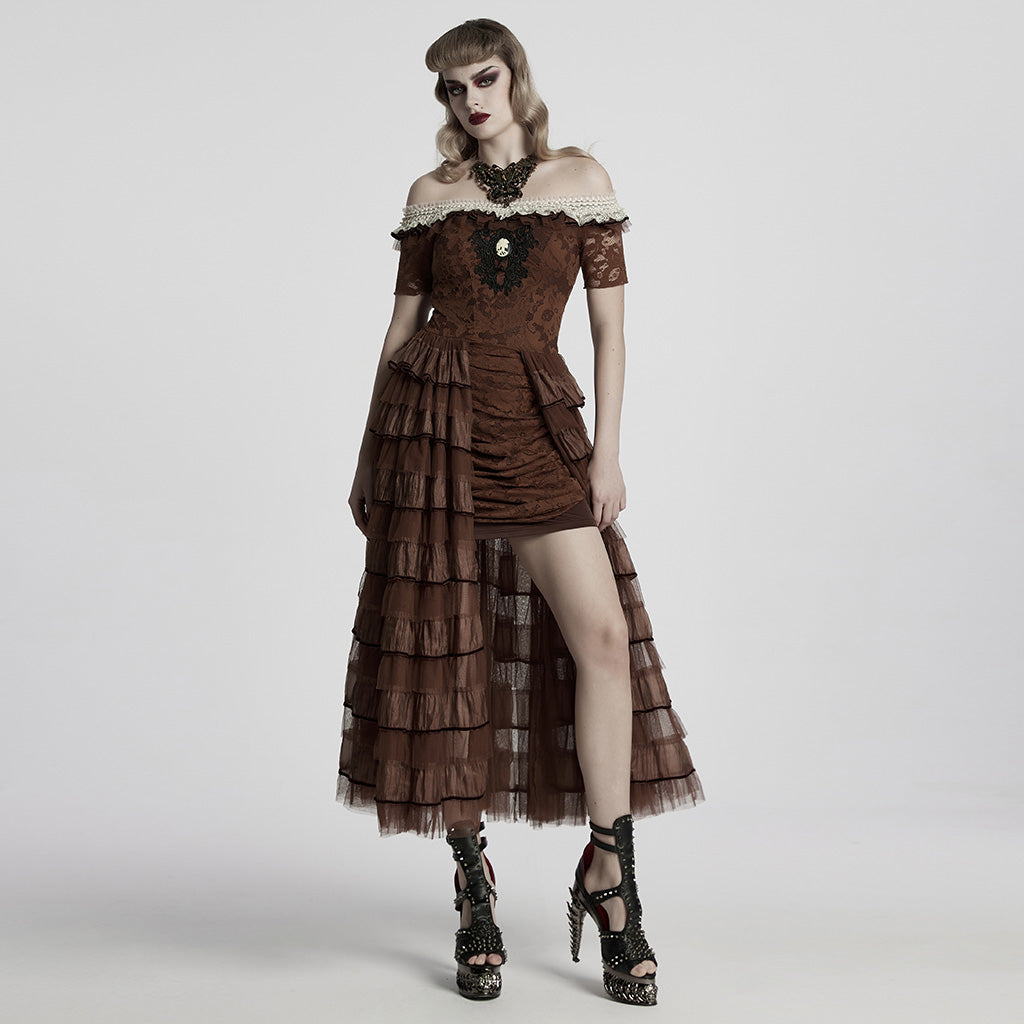 WQ-754LQF Victorian Layered Gothic Dress Off-Shoulder Lace Trimmed Gown