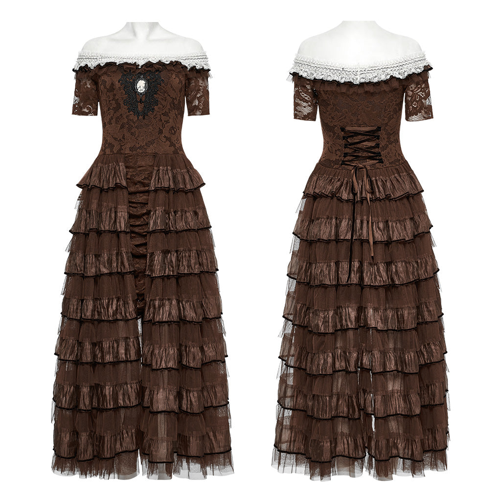 WQ-754LQF Victorian Layered Gothic Dress Off-Shoulder Lace Trimmed Gown