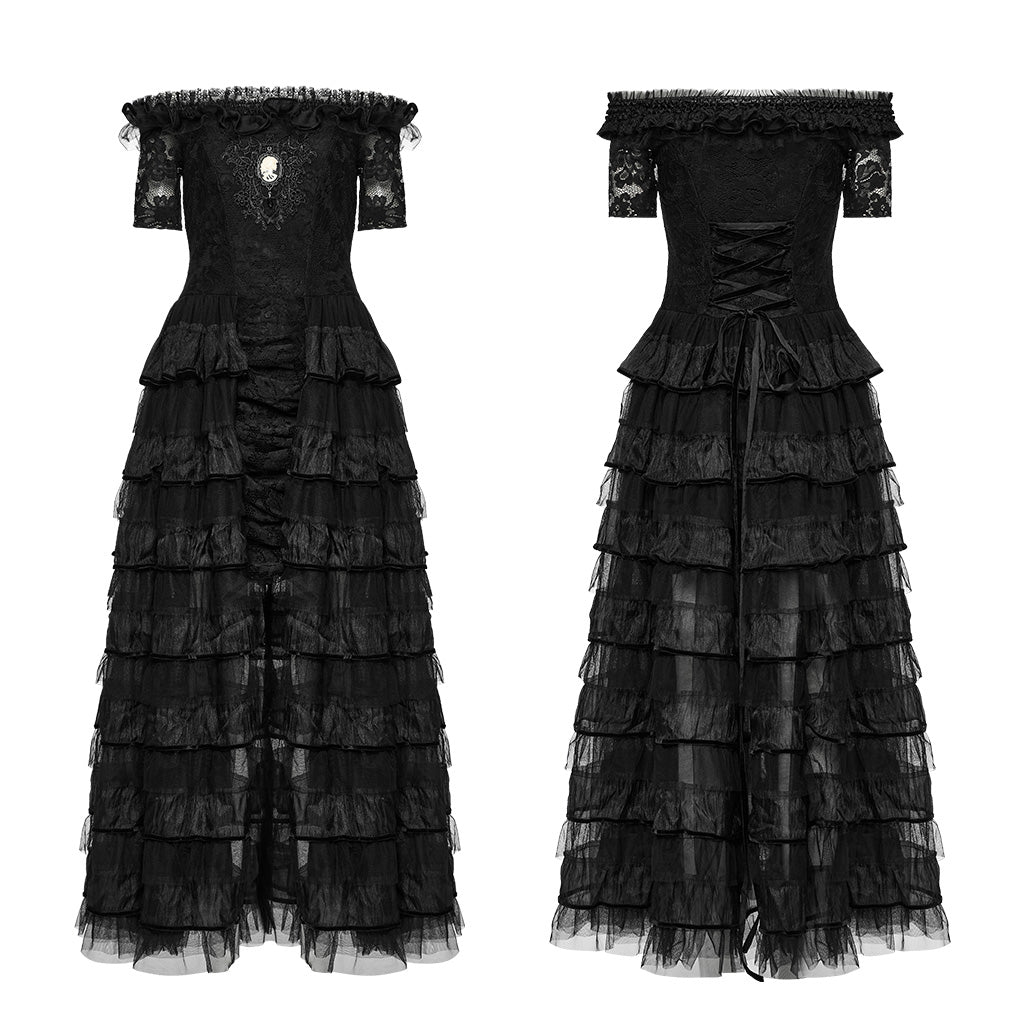 WQ-754LQF Victorian Layered Gothic Dress Off-Shoulder Lace Trimmed Gown