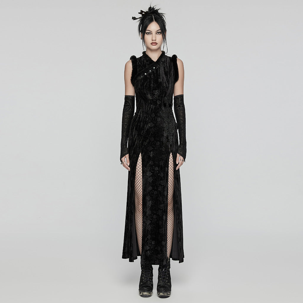 WQ-756LQF Velvet Gothic Dress with Lace Details and High Slit?-??Punk Rave Clothing